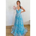 Vestido formal de noche de graduación con escote en V, apliques de tul y espalda descubierta