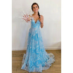 Vestido formal de noche de graduación con escote en V, apliques de tul y espalda descubierta