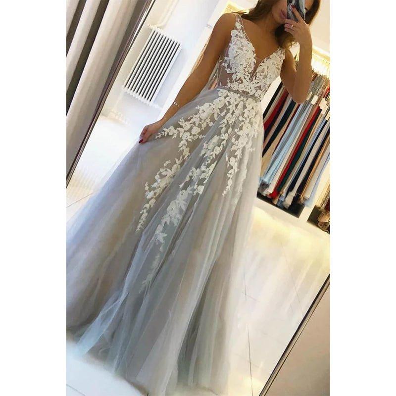 Vestido de noche formal largo con escote en V y apliques de tul en forma de A para fiesta de graduación 