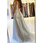 Vestido de noche formal largo con escote en V y apliques de tul en forma de A para fiesta de graduación 