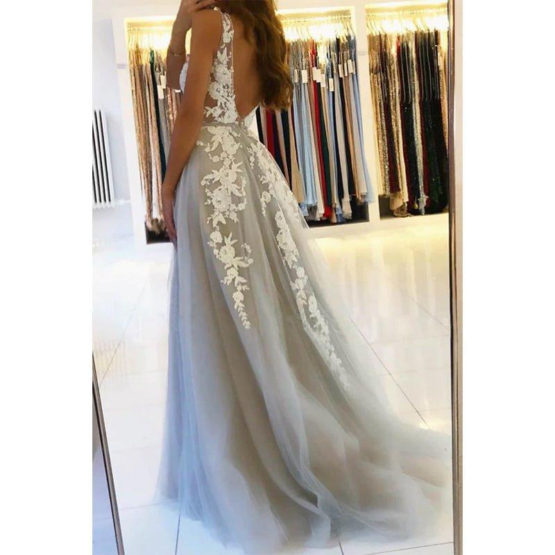 Vestido de noche formal largo con escote en V y apliques de tul en forma de A para fiesta de graduación 