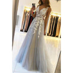 Vestido de noche formal largo con escote en V y apliques de tul en forma de A para fiesta de graduación 