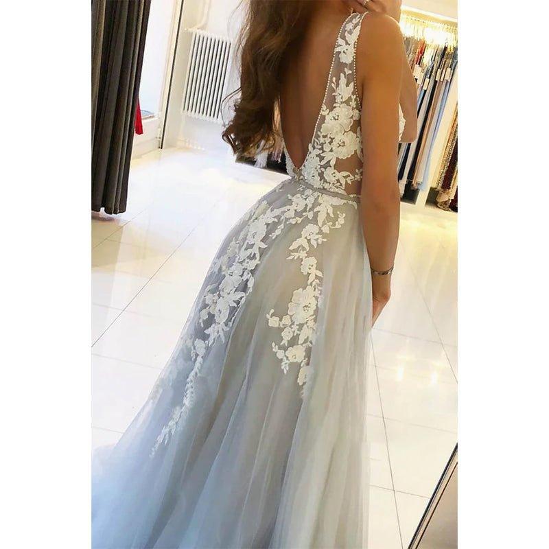 Vestido de noche formal largo con escote en V y apliques de tul en forma de A para fiesta de graduación 