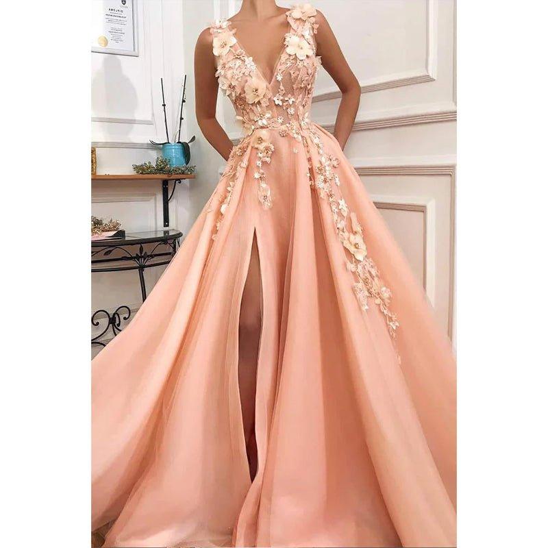 Vestido de fiesta largo con escote en V, corte A, apliques de tul y abertura 