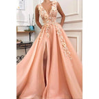 Vestido de fiesta largo con escote en V, corte A, apliques de tul y abertura 