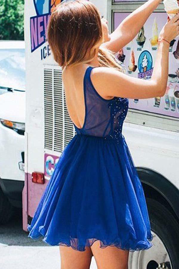 Vestidos de fiesta de bienvenida azul real con escote en V, corte en A, tul, cuentas y apliques PD261