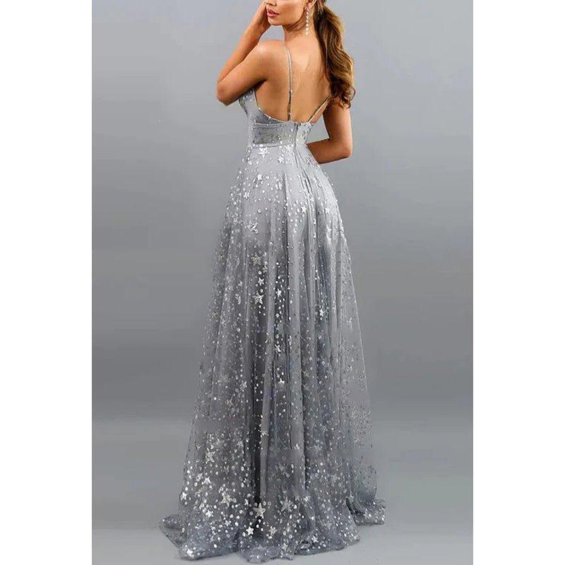 Vestido formal de noche de graduación con escote en V, tul, cuentas y sin mangas