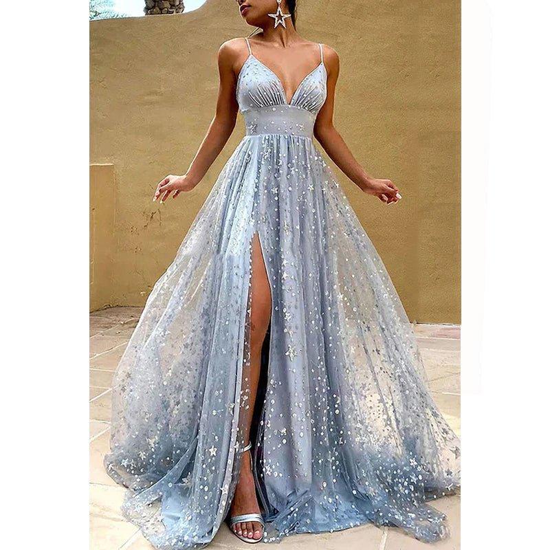 Vestido formal de noche de graduación con escote en V, tul, cuentas y sin mangas