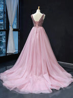 Vestidos largos de fiesta formales de corte A con escote en V, tul, pedrería y espalda con corsé.