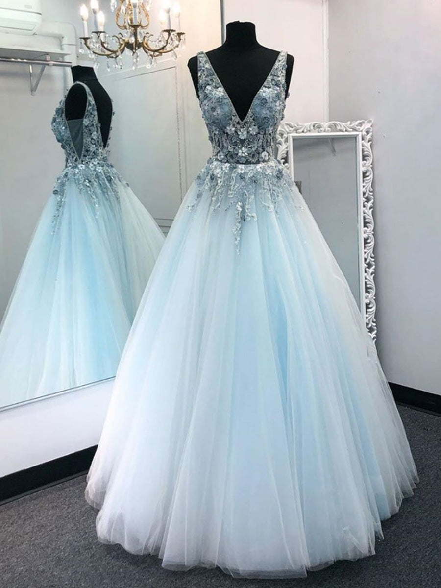 Vestidos largos de fiesta sin espalda con escote en V, tul y apliques de encaje floral, corte en A
