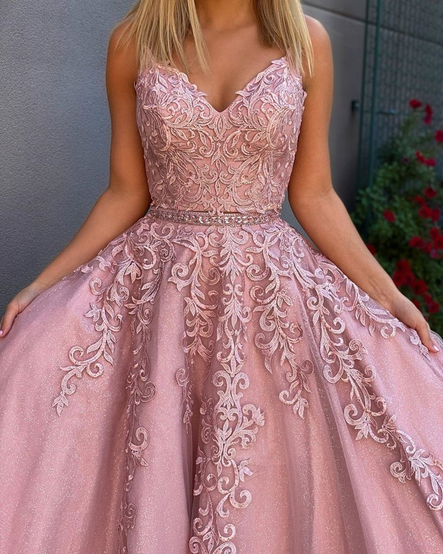 Vestidos largos de fiesta formales de corte A con escote en V, apliques de tul y encaje, con cinturón.