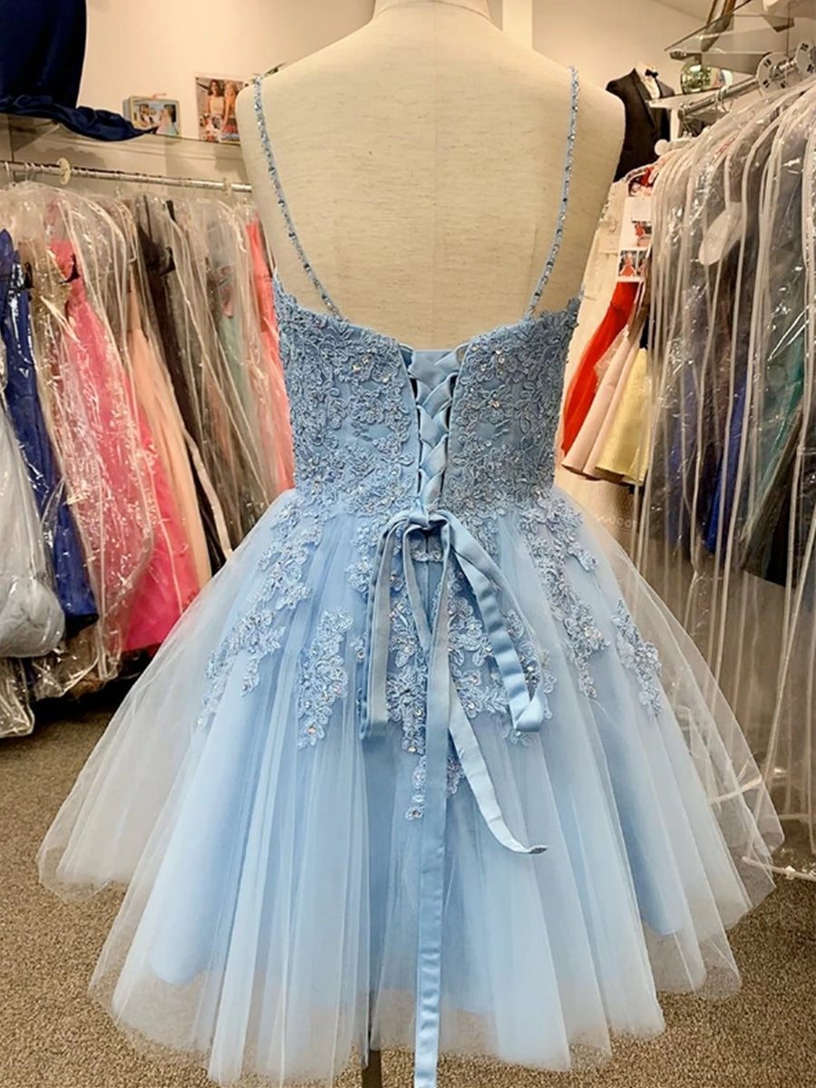 Vestidos cortos de baile de graduación con escote en V, tul y apliques de encaje, corte en A