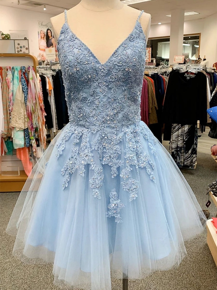 Vestidos cortos de baile de graduación con escote en V, tul y apliques de encaje, corte en A