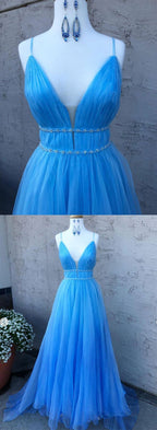 Vestidos largos de fiesta de tul con escote en V y corte en A, con cinturón fino, color azul.