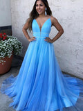 Vestidos largos de fiesta de tul con escote en V y corte en A, con cinturón fino, color azul.