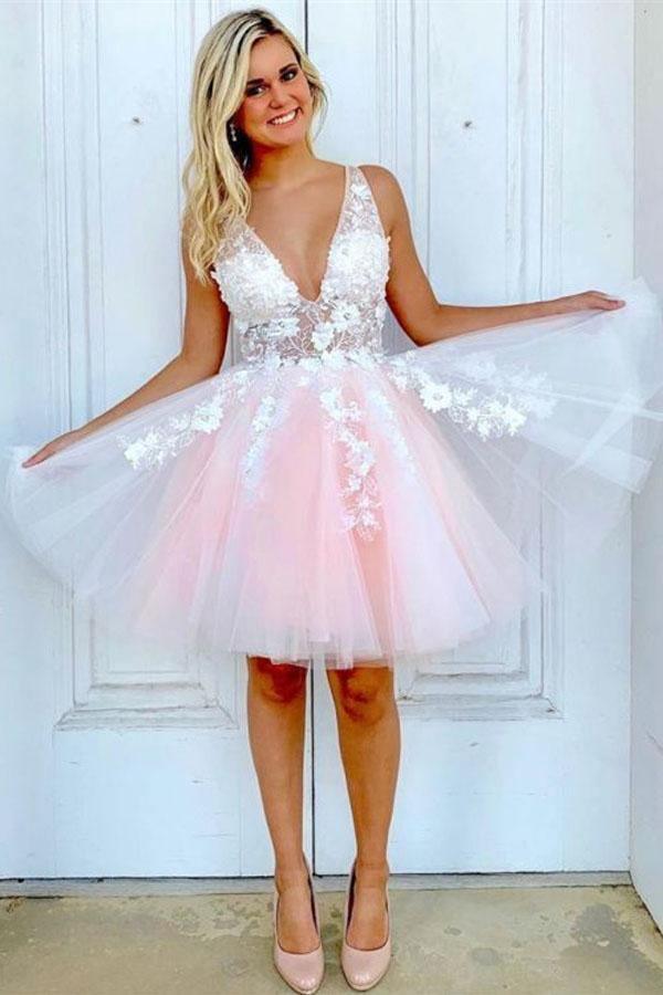 Vestido corto de fiesta rosa y blanco de tul con escote en V y corte en A