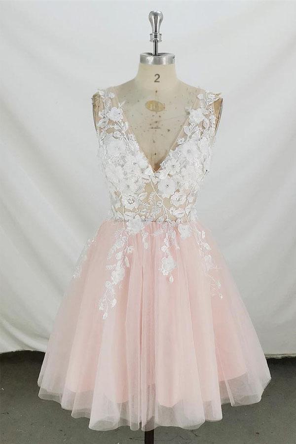 Vestido corto de fiesta rosa y blanco de tul con escote en V y corte en A