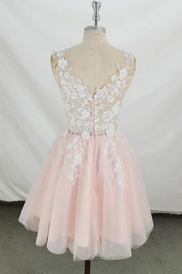 Vestido corto de fiesta rosa y blanco de tul con escote en V y corte en A