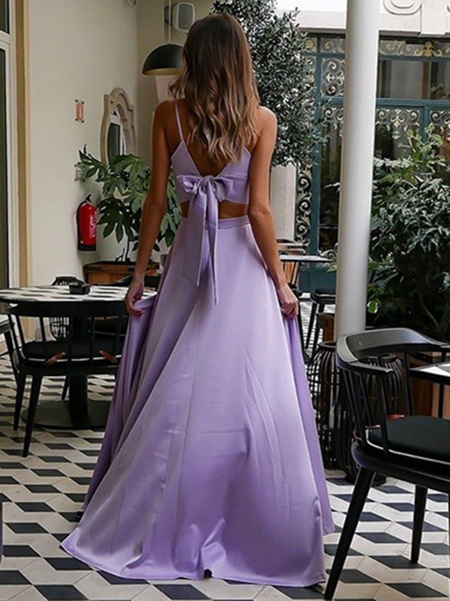 Vestido largo de noche formal de dos piezas, corte en A, escote en V y abertura alta, con escote en V y corte en A.
