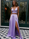 Vestido largo de noche formal de dos piezas, corte en A, escote en V y abertura alta, con escote en V y corte en A.