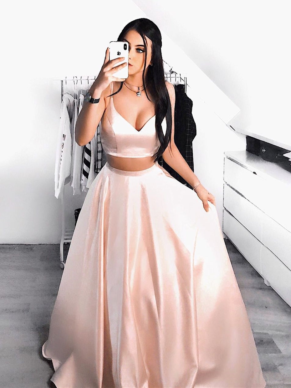Vestidos largos de satén de dos piezas con escote en V y corte en A para fiestas de graduación, eventos formales y noches formales.