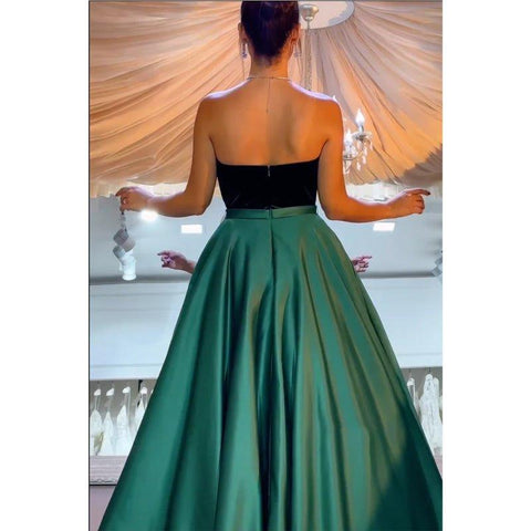 Robe de soirée longue en satin vert, coupe trapèze, sans bretelles, en velours 