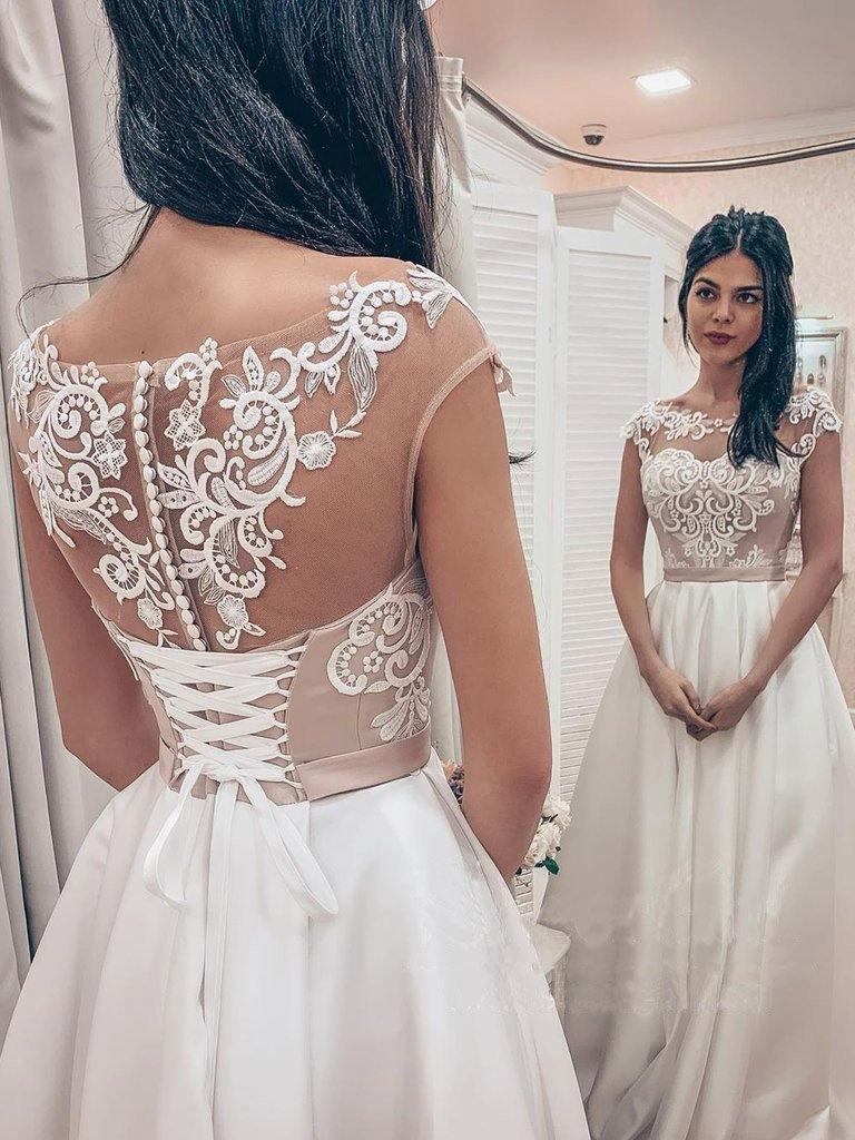 Vestido de novia de satén con corpiño de encaje vintage de línea A y espalda tipo corsé barco WD523