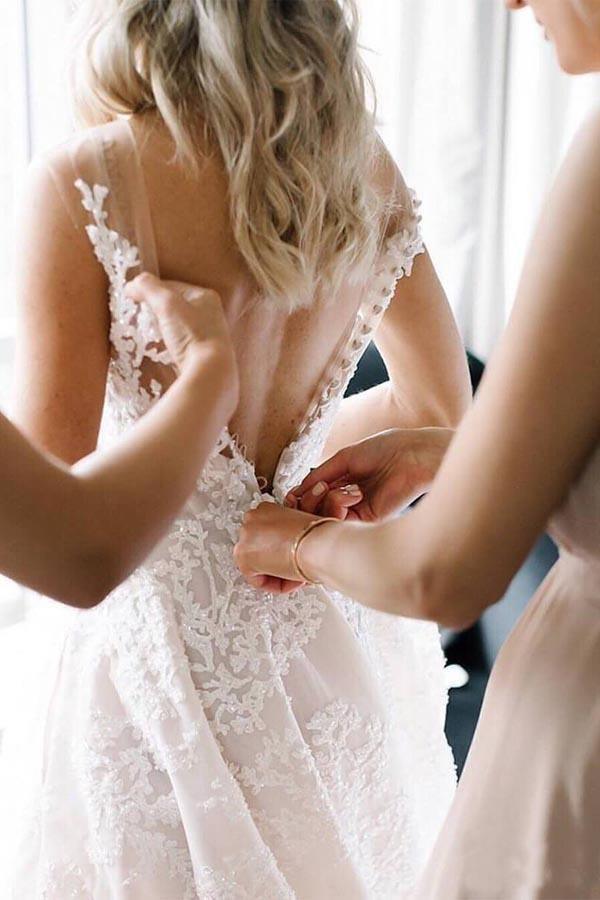 Robes de mariée vintage en dentelle, coupe trapèze, col illusion, WD318
