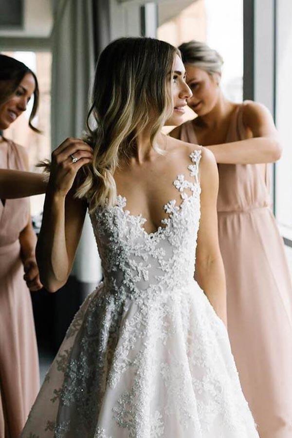 Robes de mariée vintage en dentelle, coupe trapèze, col illusion, WD318