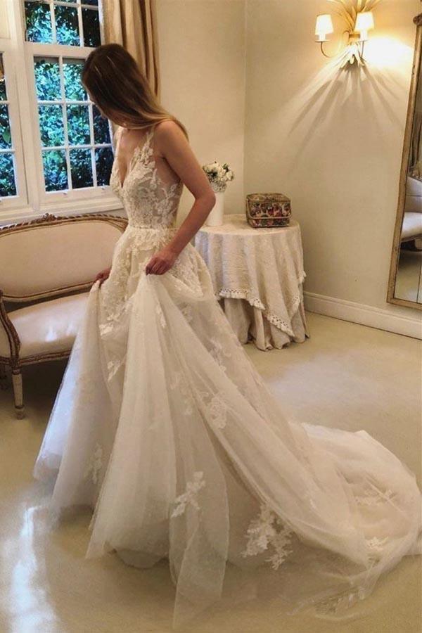 Robe de mariée rustique vintage en forme de A, col en V, dentelle perlée, modèle WD351