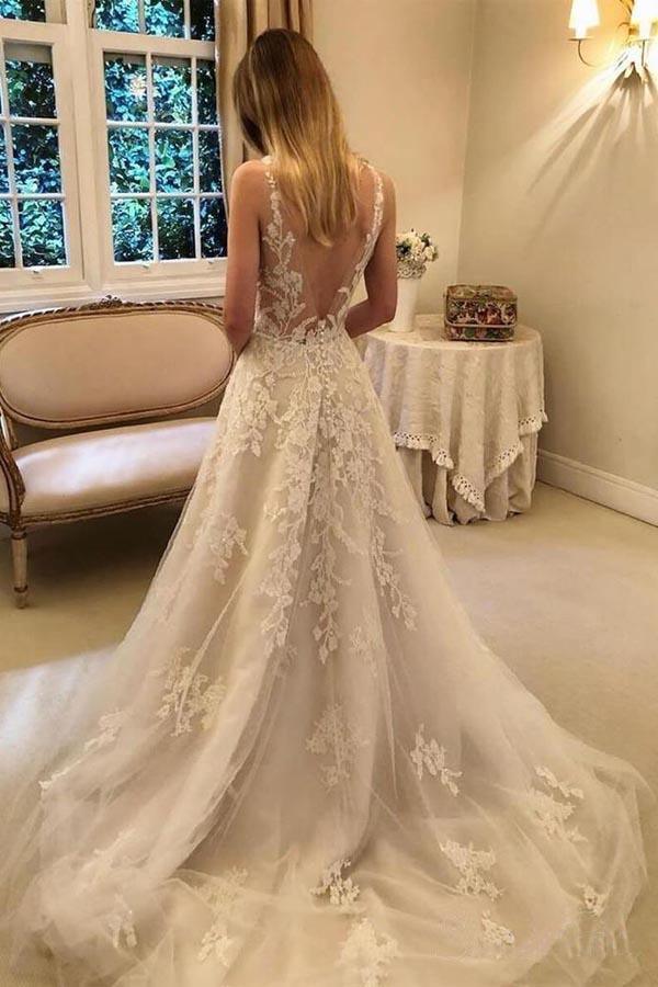 Robe de mariée rustique vintage en forme de A, col en V, dentelle perlée, modèle WD351