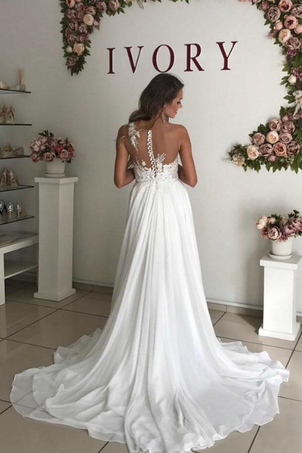 Vestido de novia bohemio de corte A con apliques de gasa blanca transparente WD344