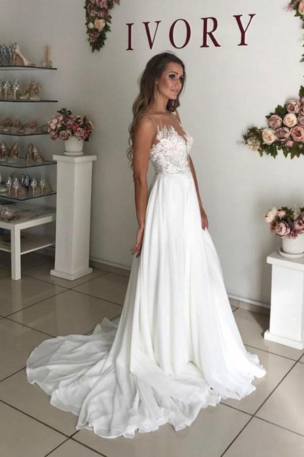 Vestido de novia bohemio de corte A con apliques de gasa blanca transparente WD344