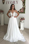 Vestido de novia bohemio de corte A con apliques de gasa blanca transparente WD344