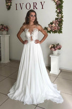 Vestido de novia bohemio de corte A con apliques de gasa blanca transparente WD344