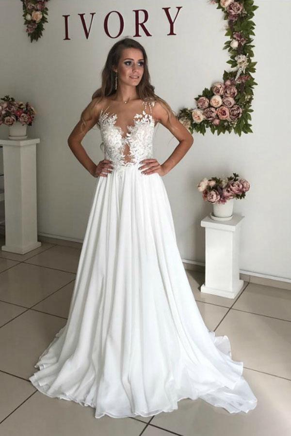 Vestido de novia bohemio de corte A con apliques de gasa blanca transparente WD344