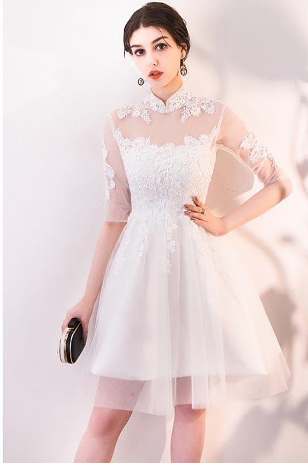Vestido de fiesta de encaje y tul blanco de corte A con mangas PD062