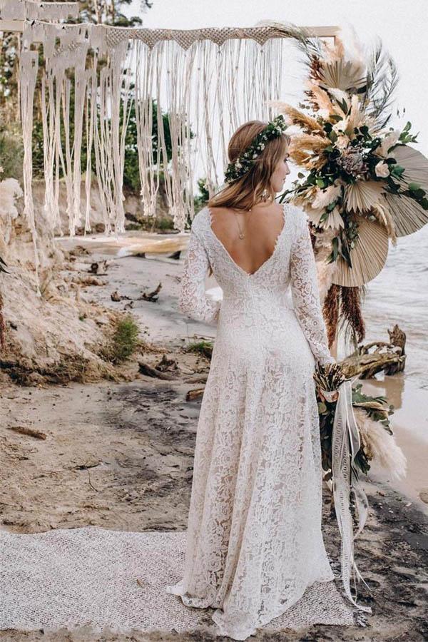 Vestido de novia blanco de encaje corte A hasta el suelo con mangas largas WD542
