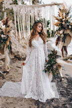 Vestido de novia blanco de encaje corte A hasta el suelo con mangas largas WD542