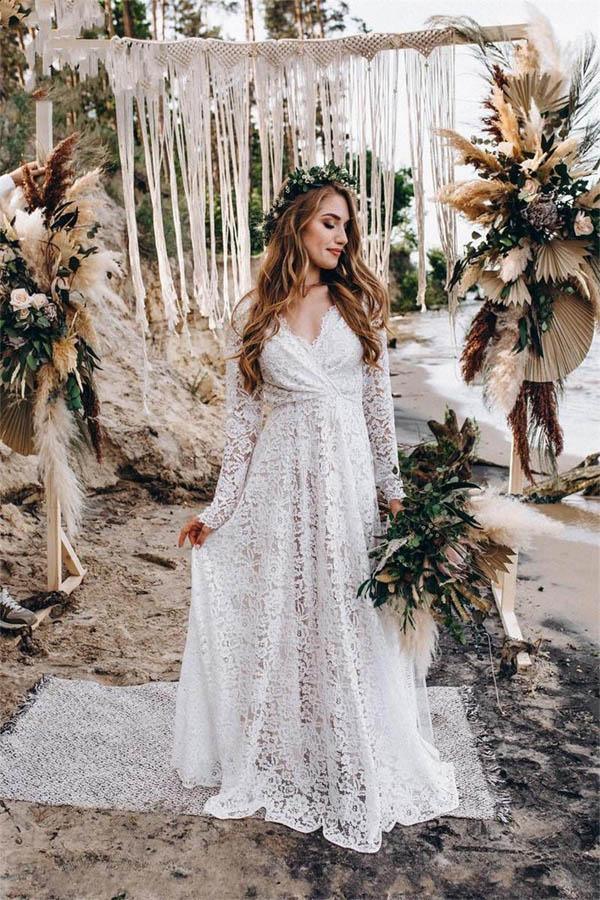 Vestido de novia blanco de encaje corte A hasta el suelo con mangas largas WD542