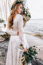 Vestido de novia blanco de encaje corte A hasta el suelo con mangas largas WD542
