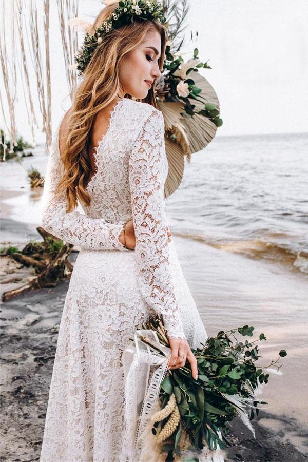 Vestido de novia blanco de encaje corte A hasta el suelo con mangas largas WD542