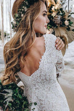 Vestido de novia blanco de encaje corte A hasta el suelo con mangas largas WD542