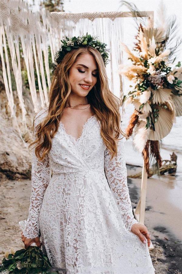 Vestido de novia blanco de encaje corte A hasta el suelo con mangas largas WD542