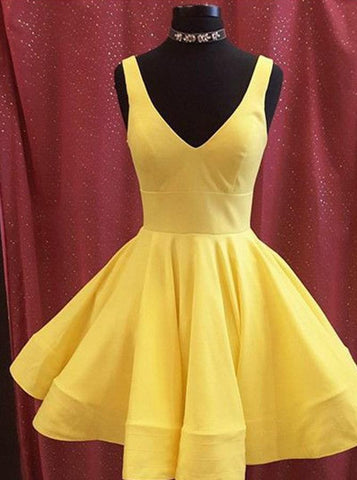 Vestido corto de fiesta de satén amarillo corte A, vestido de graduación, vestido corto de fiesta