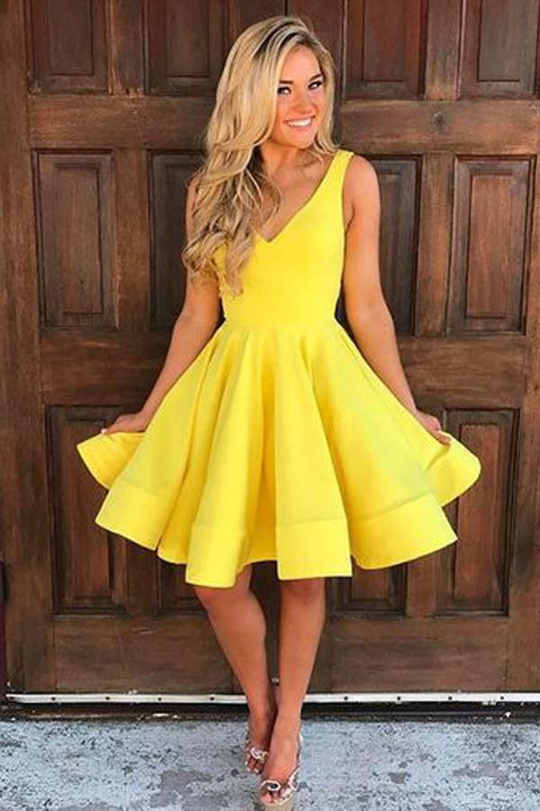 Vestido corto de fiesta de satén amarillo corte A, vestido de graduación, vestido corto de fiesta