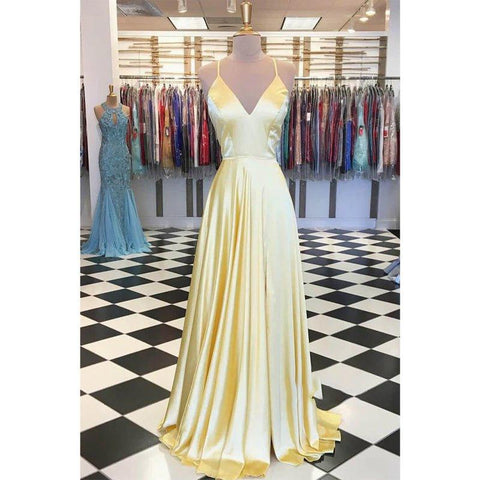 Robe de bal longue et simple en satin extensible jaune, coupe trapèze, col en V, robe de concours 