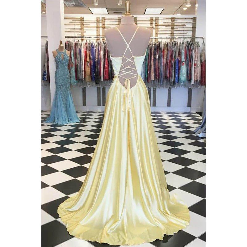 Vestido de fiesta largo sencillo de satén elástico amarillo con escote en V y corte A para desfile 