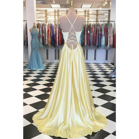 Robe de bal longue et simple en satin extensible jaune, coupe trapèze, col en V, robe de concours 