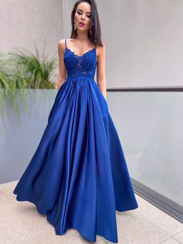 Vestidos de graduación de satén sin mangas, de corte línea A/elegantes, con tirantes finos y apliques, hasta el suelo.